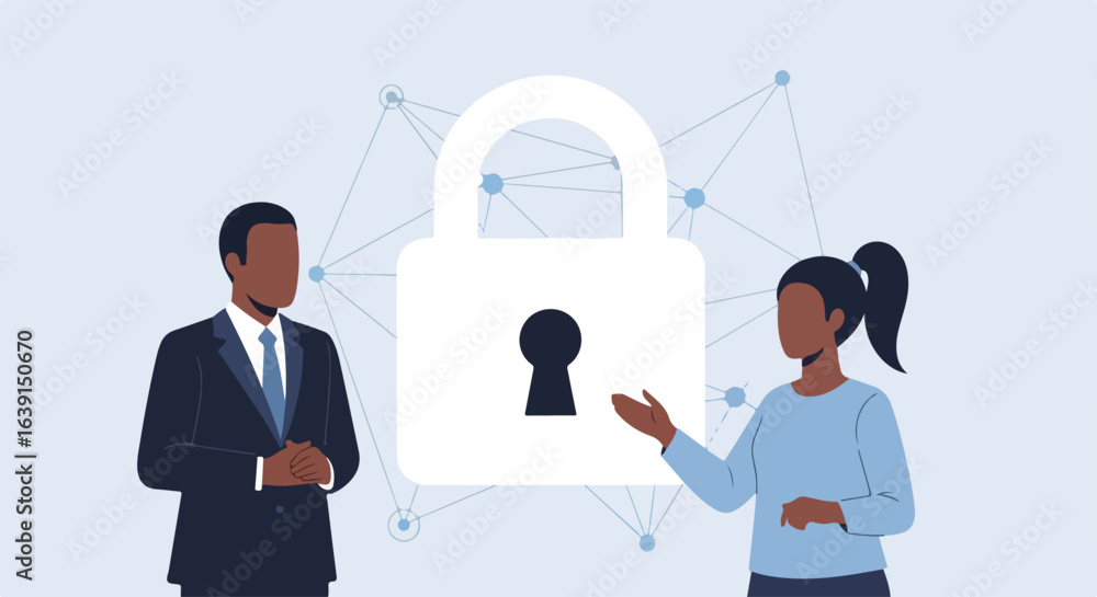 Poster network security cloud behind two professionals in business suits, this network security cloud ensur