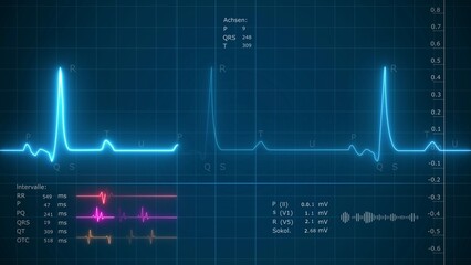 ECG with supraventricular premature beats and short paroxysms of neon atrial fibrillation, Futuristic medical interface displaying vital signs, EKG heartbeat, and glowing DNA helix concept