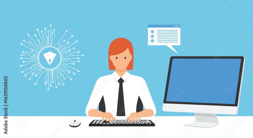 Aufkleber data encryption by woman typing at computer represents network security cloud, cyber security.