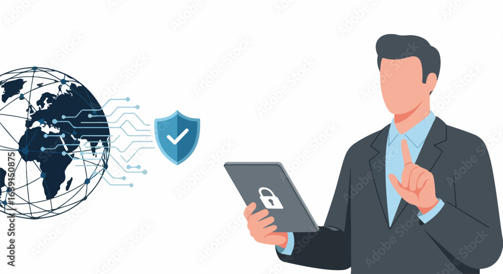 Poster network security cloud connects person to global protection, creating privacy and data encryption. n