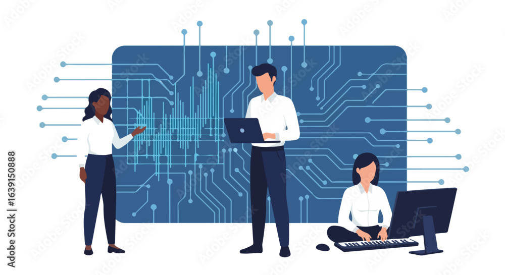 Poster shield cyber security, with diverse team working near a digital data encryption graphic, network sec