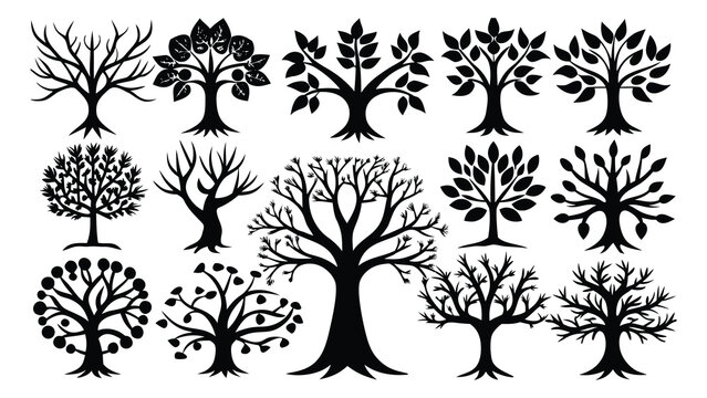 Vector art of collection of stylized tree silhouettes in black and white, isolated on a white background, representing nature and growth.