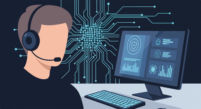 Shield cyber security with man working at desk in call center, computer monitor with data displayed, network security cloud concept.