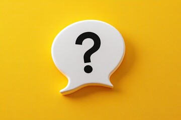 White speech bubble with a large black question mark centered on vibrant yellow background symbolizing inquiry and curiosity