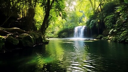 Obraz premium Silent spring forest where a narrow waterfall gently flows into a hidden jungle lake, surrounded by dense green foliage, sun rays creating glittering reflections on the water