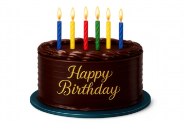 Delicious chocolate birthday cake with lit candles, celebrating a special occasion on a transparent background