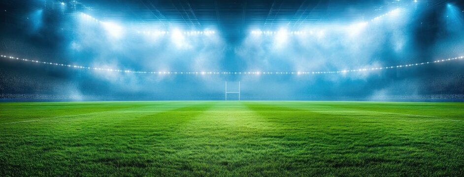 Empty rugby stadium with bright floodlights illuminating green grass field and goalposts under misty blue atmosphere