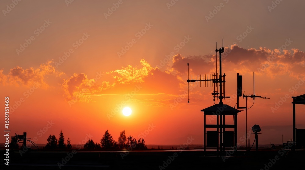 Poster sunset view from rooftop with weather instruments against a cloudy skyline overlooking distant trees