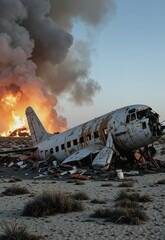 A vintage airplane lies in ruins amidst a desert landscape, engulfed in flames and thick smoke, highlighting the aftermath of a catastrophic event