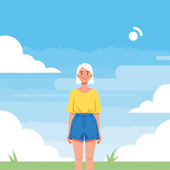 Summer weekend illustration featuring young woman with blonde hair wearing yellow shirt and denim shorts.  She stands outdoors in sunny landscape with blue sky and fluffy clouds.