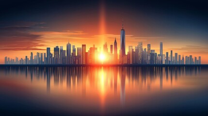Sunset reflections over a tranquil pond surrounded by modern buildings urban landscape serene view