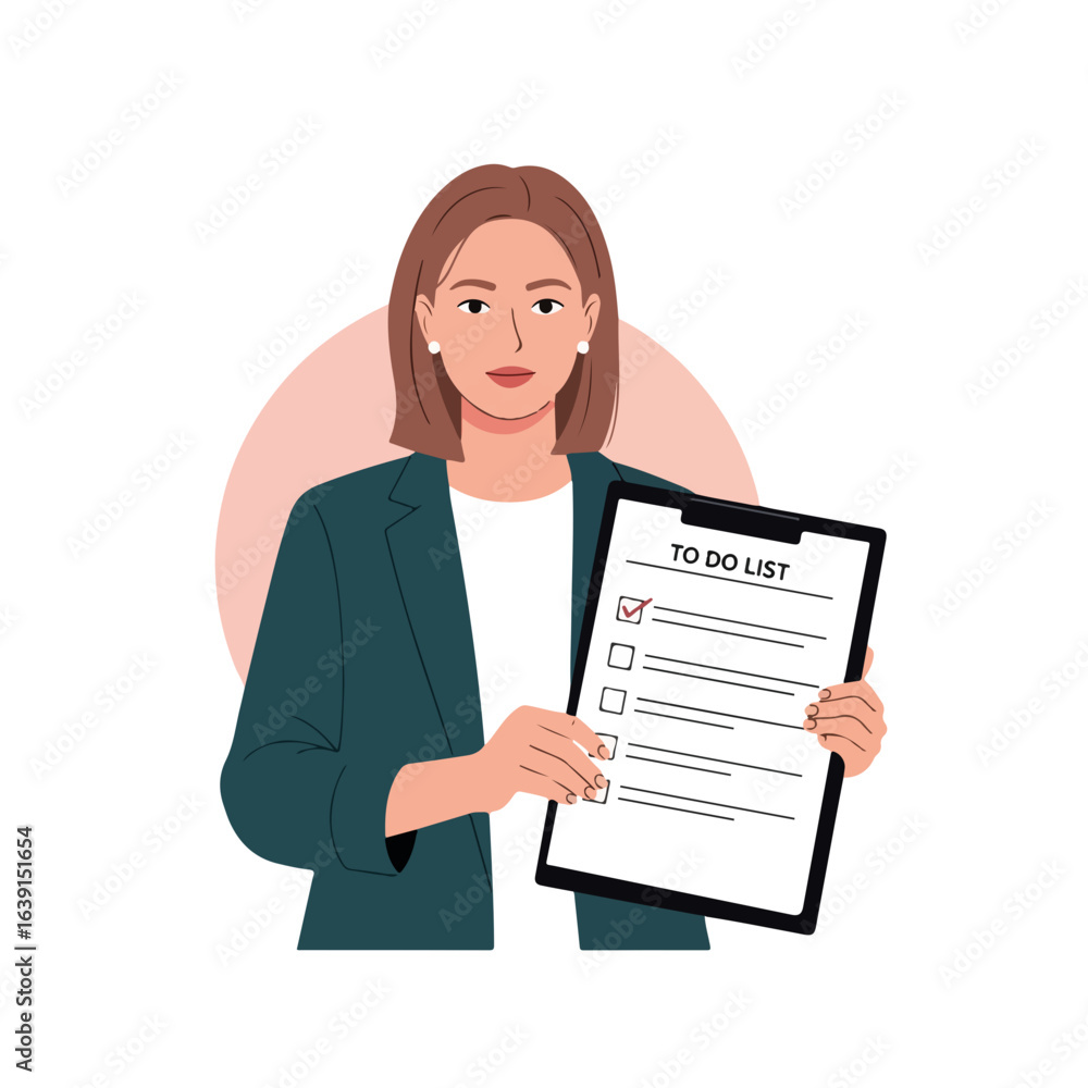 Poster businesswoman showing to-do list on clipboard, a clear demonstration of project management and organ
