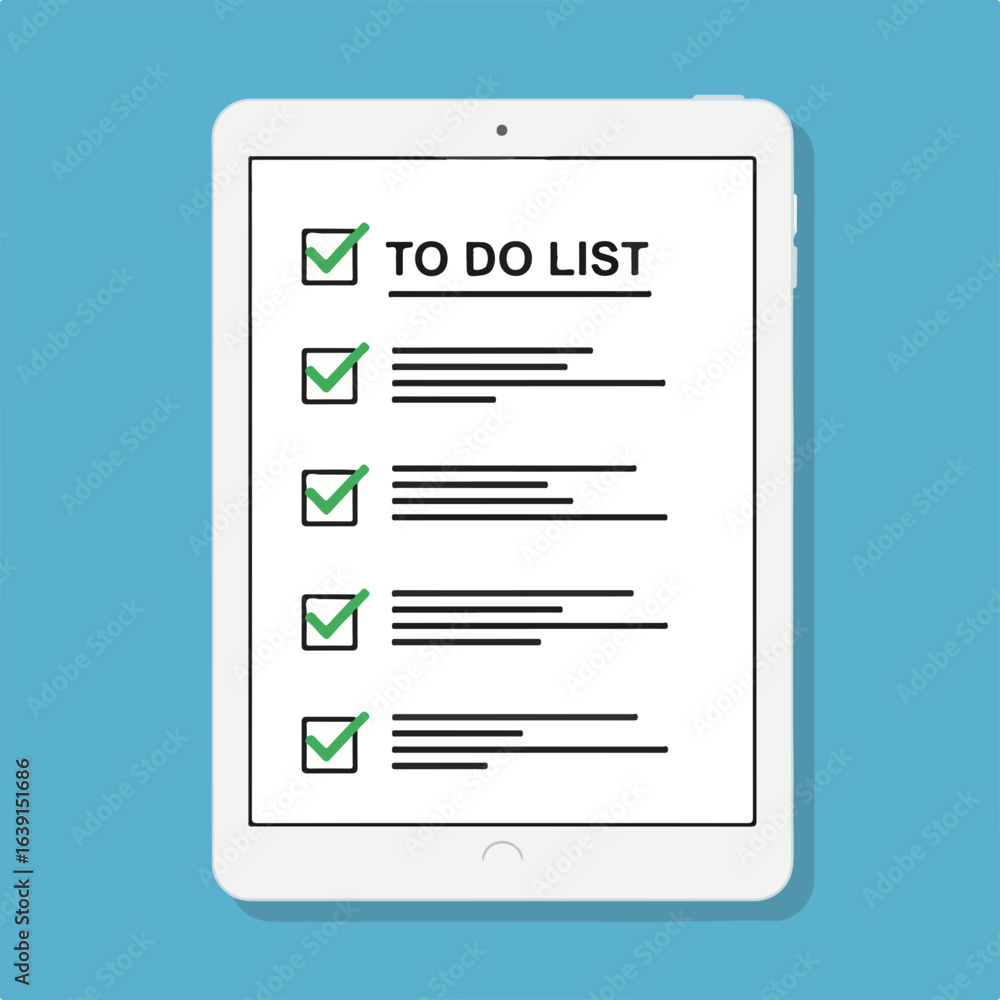 Poster to-do list on tablet screen displaying completed tasks with green checkmarks, showcasing task manage