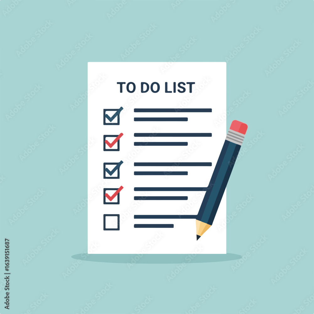 Poster to-do list showing tasks completed and organized with check marks, besides pencil. to-do list indica