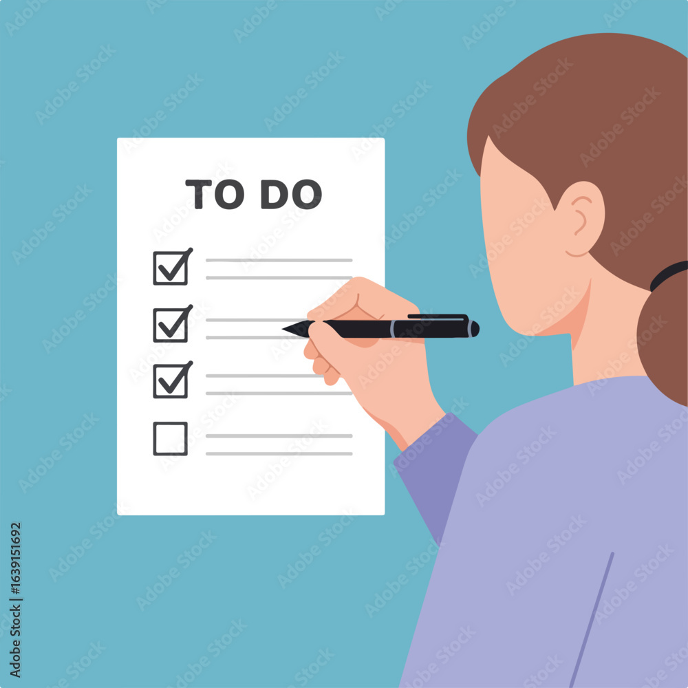 Poster woman completing to-do list with pen, marking tasks as done on checklist. effective to-do list manag