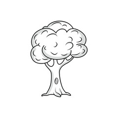 A simple black and white vector illustration of a cartoon tree. This hand-drawn, isolated icon features a thick trunk and a puffy, cloud-like crown, perfect for web or app.