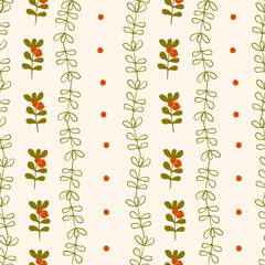 Seamless Woodland Stripes Pattern with Cowberries, Leaves and Dots. Cute Botanical Forest Design. Cute woodland theme background.