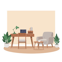 Cozy workspace with desk and armchair creates inviting study area at home. Cozy workspace offers lamp, laptop and plants for inspired work.