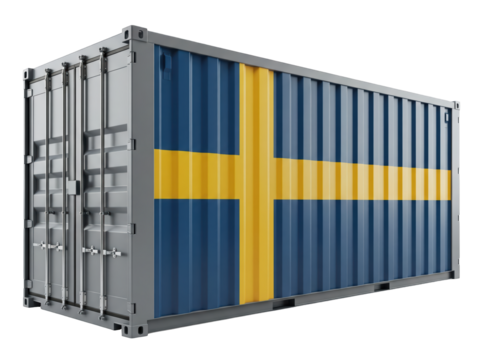 cargo container with swedish flag on transparent background	