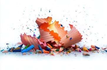 Close-up of colorful pencil shavings and broken colored pencil pieces scattered on a white surface with a bright and dynamic composition