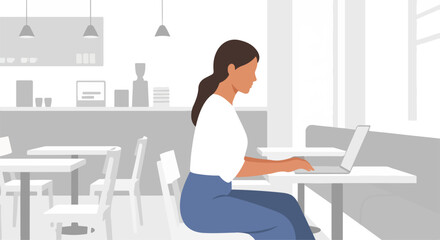 Working coffee in cafe with woman at laptop for a modern vibe. Working coffee in comfortable setting invites productivity, focus, and collaboration on projects. Enjoying working coffee,