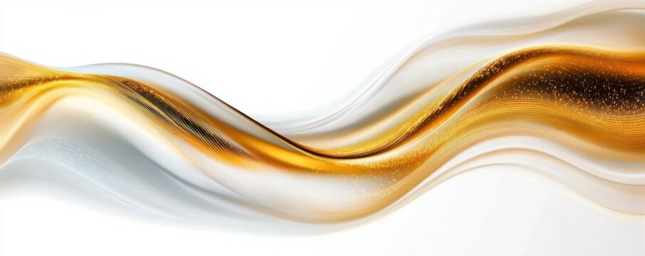 Abstract smooth flowing wave of golden yellow and white colors with sparkling particles on a white background conveying elegance and fluidity