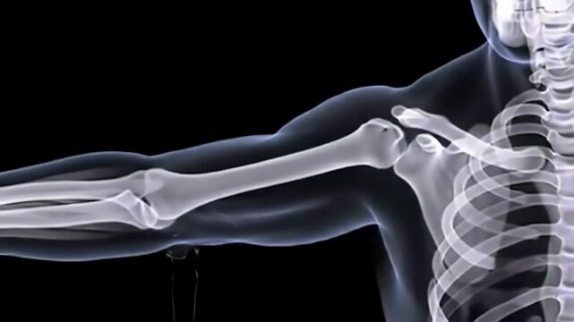 Anatomical diagram of human arm and hand bones on a black background