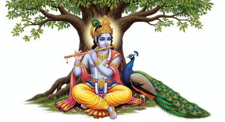 Lord Krishna with Flute Under a Tree, The Divine Musician: Krishna Playing His Flute Beneath the Shade