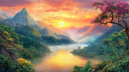 Serene sunrise over a tranquil pond mountain landscape nature scene peaceful environment panoramic view