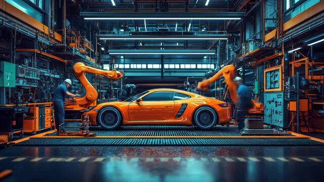 Automated car assembly line in a modern factory