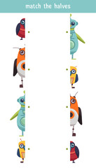 Vector template of childish educational game. Connect the halves of robots birds. Find the correct half of the illustration of cyborg birds. Printable template
