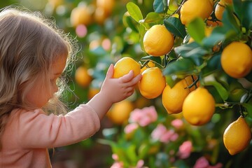 Young child picking ripe yellow lemons from a lush green lemon tree in a sunny garden with blurred pink flowers in the background