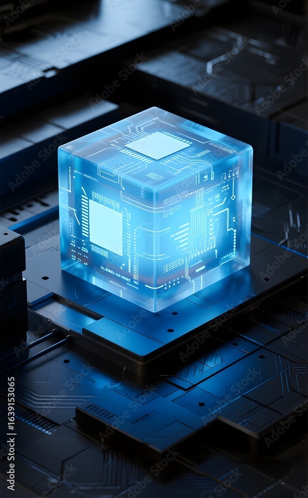 Poster glowing tech cube with circuit patterns