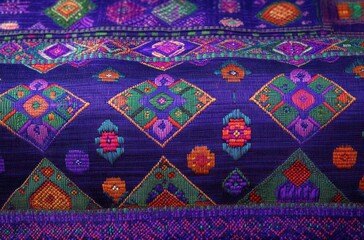 Close-up of vibrant purple fabric with colorful geometric and floral embroidered patterns creating a detailed textured design