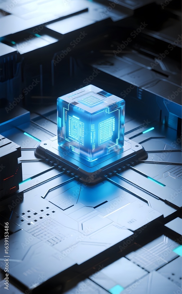 Poster futuristic tech cube with circuit patterns