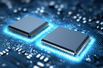 Two microchips on blue circuit board with glowing traces