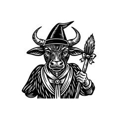 Black and white illustration of a bull dressed as a witch, wearing a hat and holding a broom.