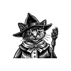 An illustration of a cat dressed as a witch, wearing a hat and robe, holding a broom.