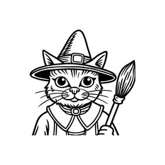 Line art illustration of a cat dressed as a witch, wearing a hat and collar, holding a broom, in a simple black and white style.