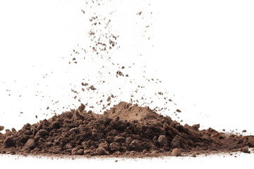 Brown soil powder explosion isolated on a transparent background falling scattering