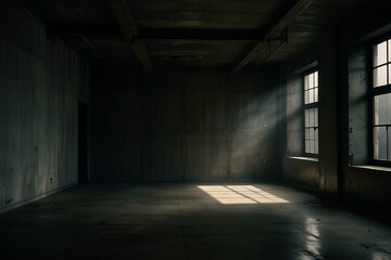 Empty dark room with sunlight streaming through windows