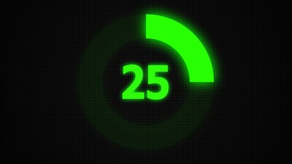 Countdown timer number ,0 to 25 seconds circular countdown digital electronic timer. counting down with green numbers and circle marking time ,Sci-Fi light Effects electronic protection system.