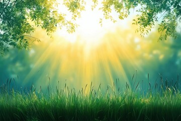 Obraz premium Bright sunlight streaming through green tree leaves onto fresh green grass blades in a peaceful natural setting