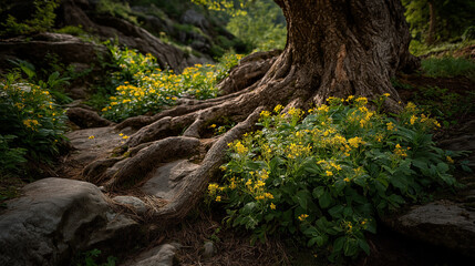 Fototapeta premium Embracing the Earth: A photograph captures the textured embrace of an aged tree's roots as they intertwine with a carpet of wildflowers and stones, telling a story of nature's enduring beauty.
