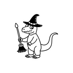 Cartoon dinosaur wearing a witch hat and holding a broom, outlined in black and white.