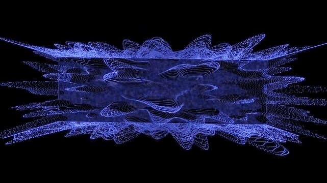 Abstract futuristic waves from particles in lines on dark. Noise motion from  data baza. Sound wave and audio background. Square with explosion of bright particles. 