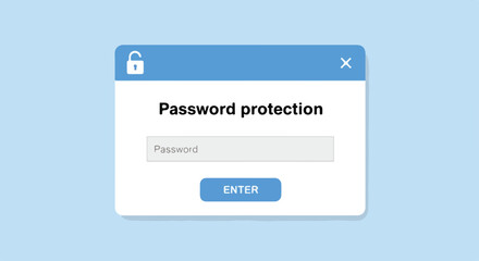 Password protection window interface, modern computer screen dialog box for password protection, security prompt. Password protection concept with username and enter keys,
