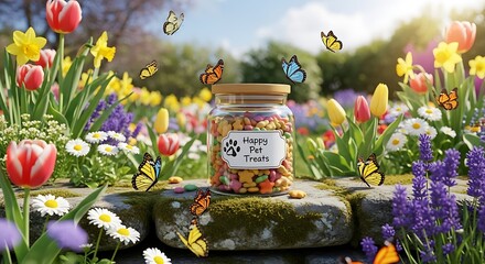 A colorful garden scene featuring a jar of pet treats, surrounded by flowers and butterflies.