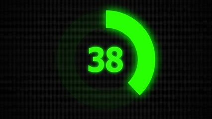 Countdown timer number ,0 to 38 seconds circular countdown digital electronic timer. counting down with green numbers and circle marking time ,Sci-Fi light Effects electronic protection system.
