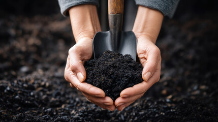 Black recycled compost on shovel on agricultural field background, sustainable farming and gardening concept with earthworms. waste recycling, waste-free production, preservation of the Earth's